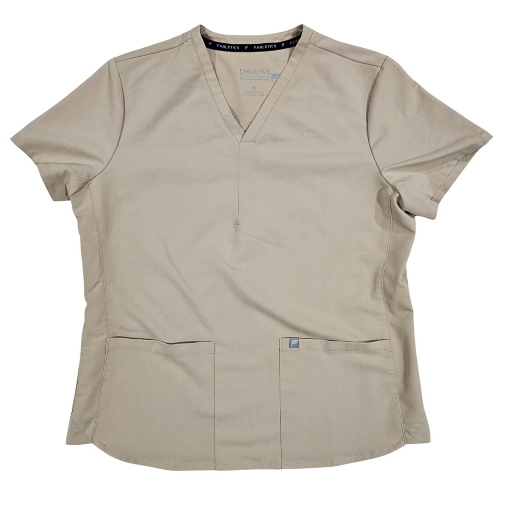 Fabletics Women M Tan Feel Good Performance V-Neck Scrub Top Short Sleeve
